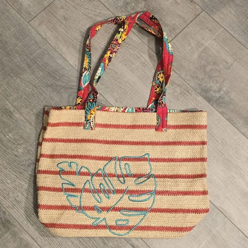 Vera Bradley Straw Bold Paisley Strap Stripe Leaf Embroidered Beach Bag Tote